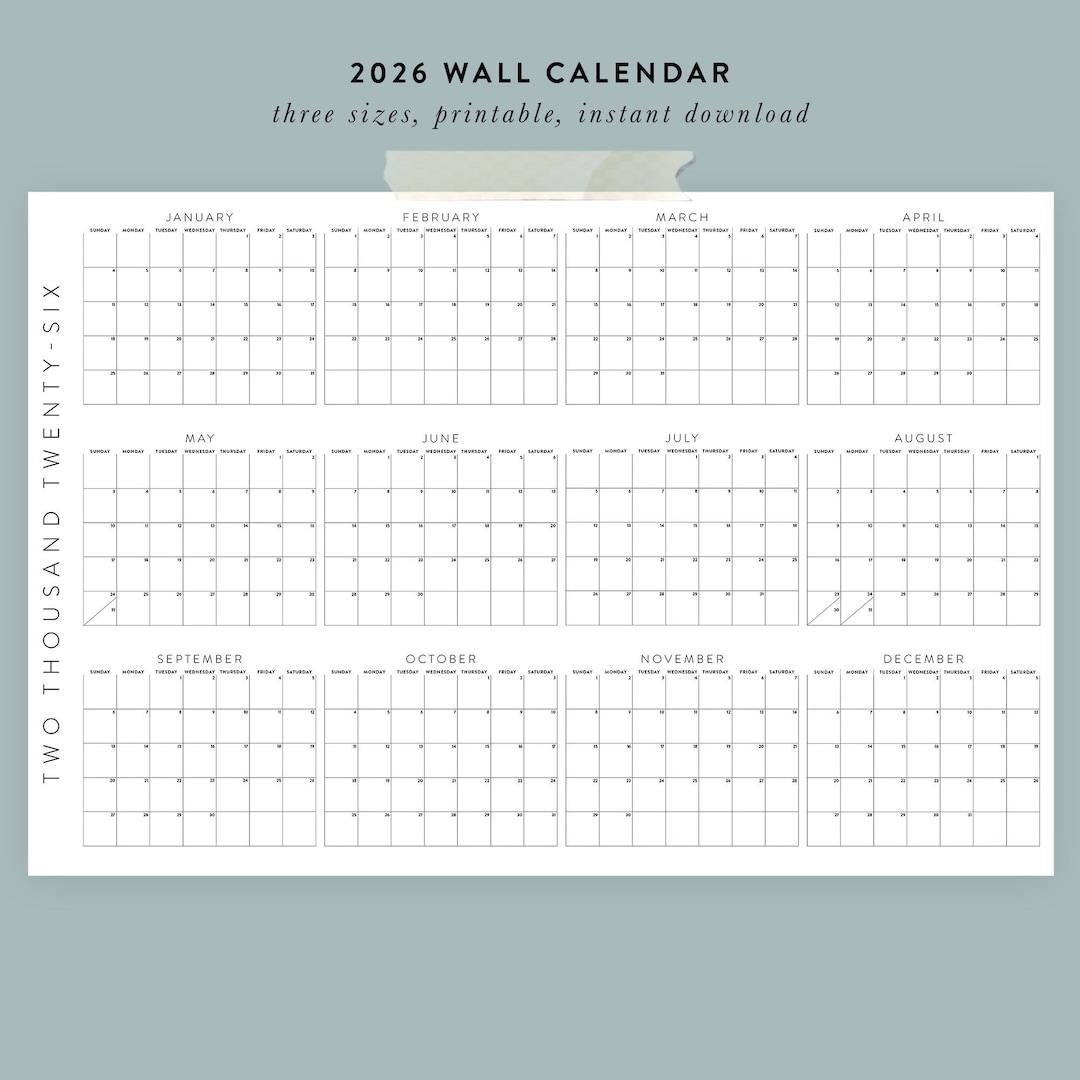 Printable 2026 Wall Calendar | 3 Sizes - 36x24, 24x18, 11x8.5