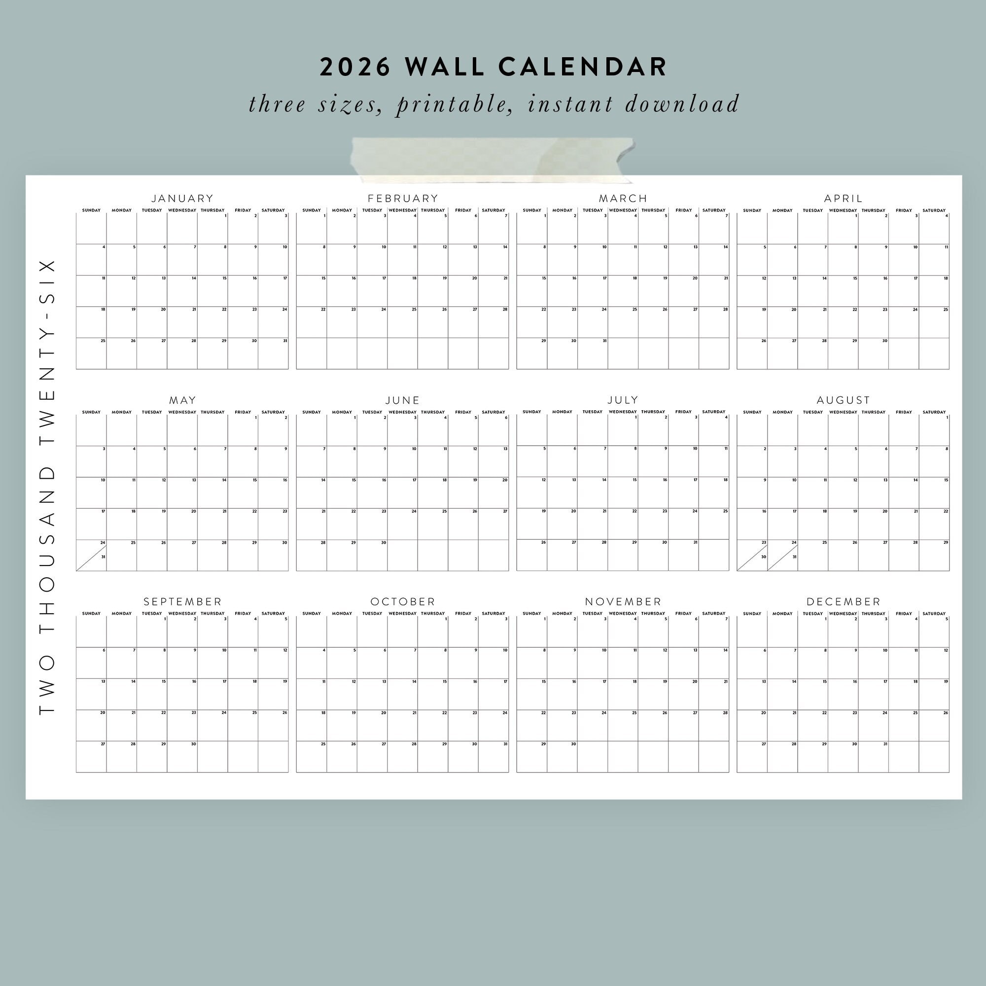 Printable 2026 Wall Calendar | 3 Sizes - 36x24, 24x18, 11x8.5