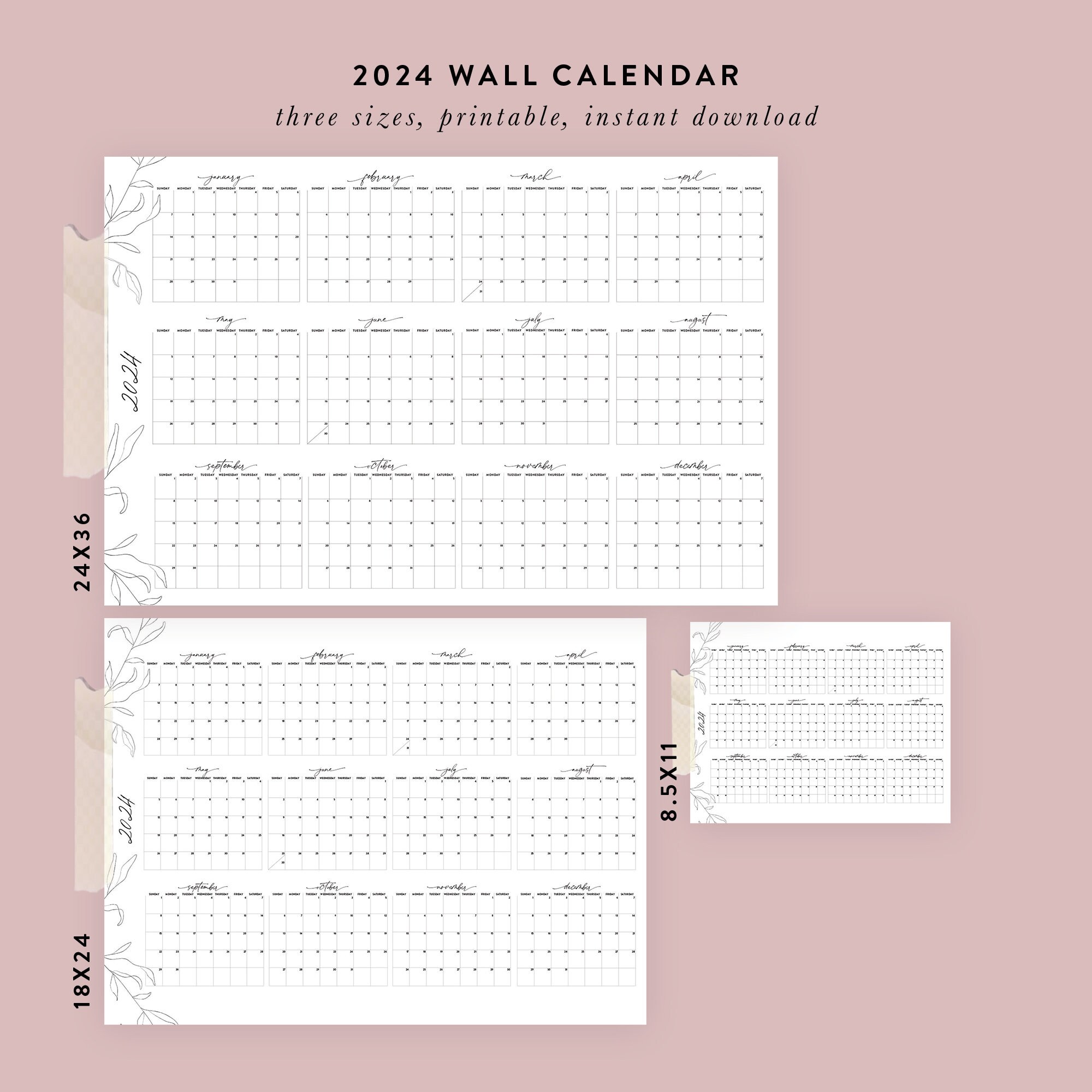 Printable 2024 Wall Calendar 3 Sizes 36x24, 24x18, 11x8.5 Posters 02 - Etsy