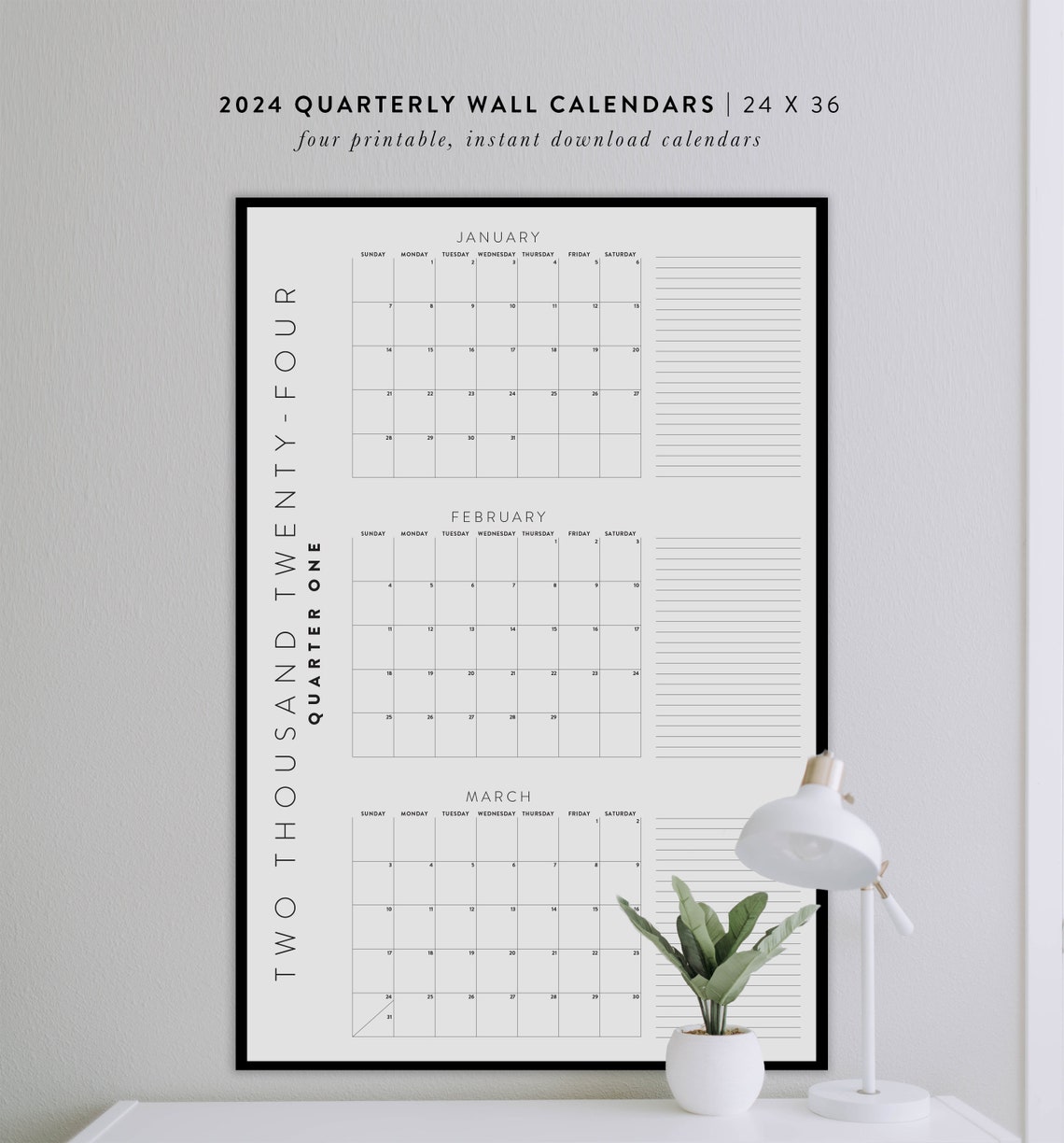 Printable 2025 Quarterly Wall Calendars 4 24x36, 18x24, 8.5x11 Posters