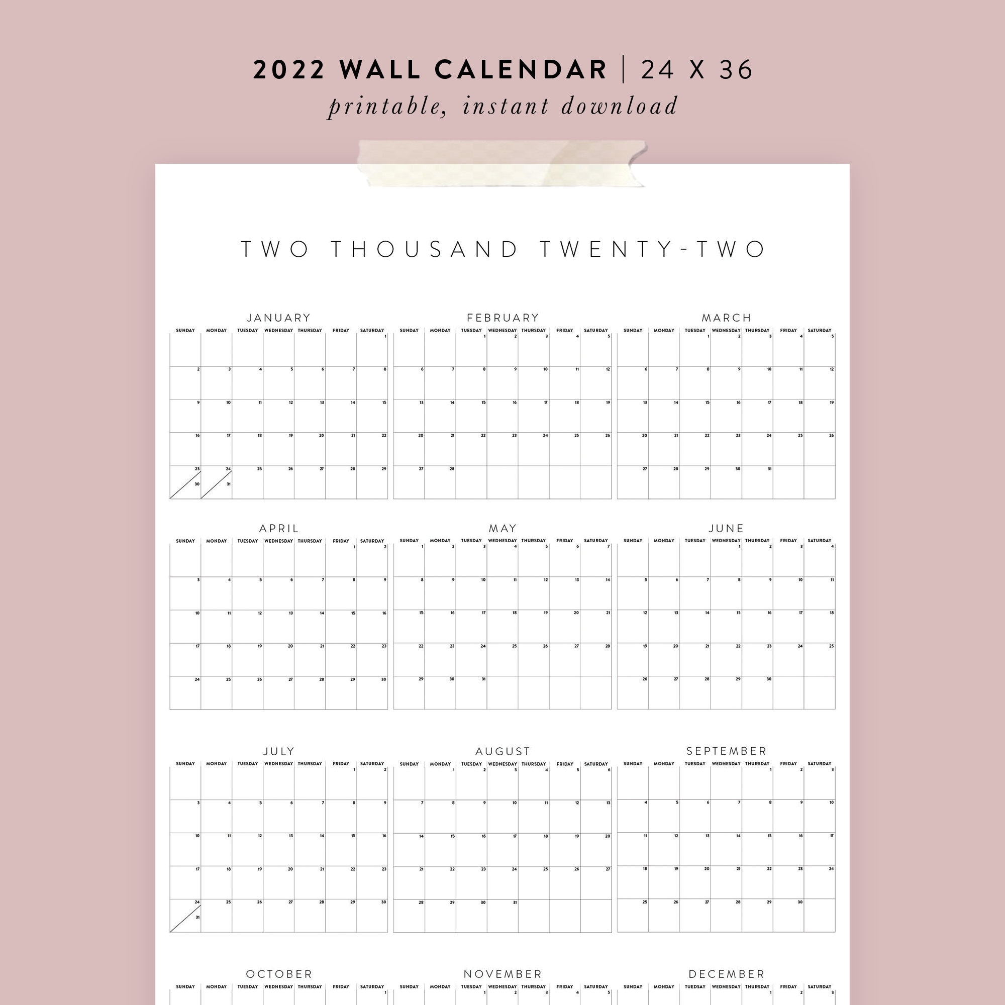 Printable 2022 Wall Calendar 24X36 Poster | Etsy
