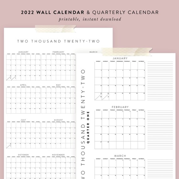 printable 2022 calendar bundle yearly quarterly calendars etsy