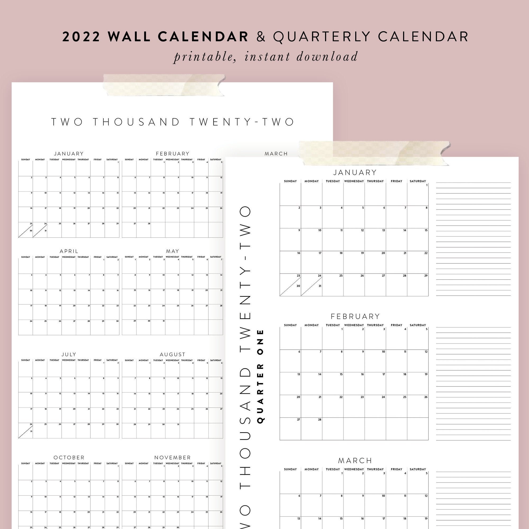 sale printable 2022 calendar bundle yearly quarterly etsy