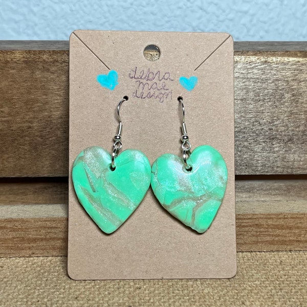 One of A Kind Hearts Mint Green & Pale Pink Shimmer Swirl Polymer Clay Dangle Earrings