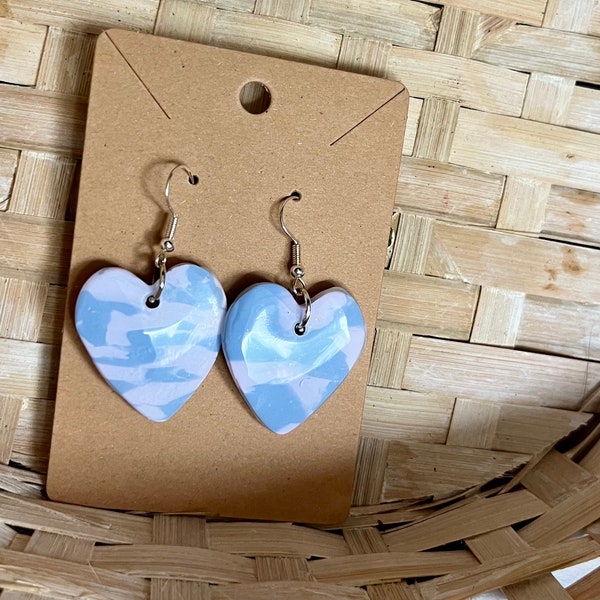 Chopped Up Tie-Dye Hearts Periwinkle Blue Polymer Clay Dangle Earrings