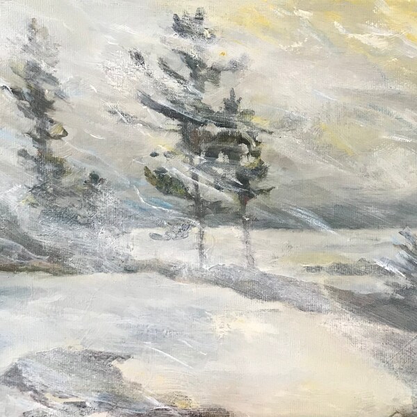 Snowstorm on Georgian Bay. Original oil painting on canvas 8x10” by Liz Lasky.