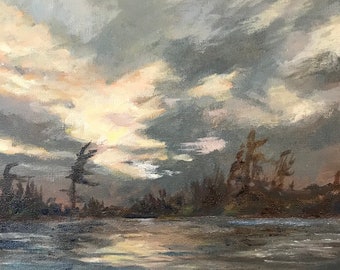 Night skies over Georgian Bay by Liz Lasky. Oil on canvas, 10x10”
