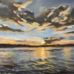 Tramonto nella Georgian Bay di Liz Lasky. Olio su tela, 12”x12”.