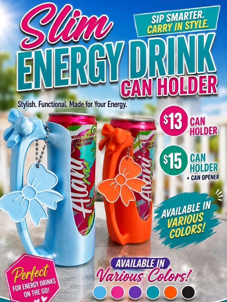 May include: A promotional image for slim energy drink can holders. The image features two can holders, one light blue and one orange, each holding a can of Alani energy drink. Text on the image reads "Slim Energy Drink Can Holder" and "Available in Various Colors!"