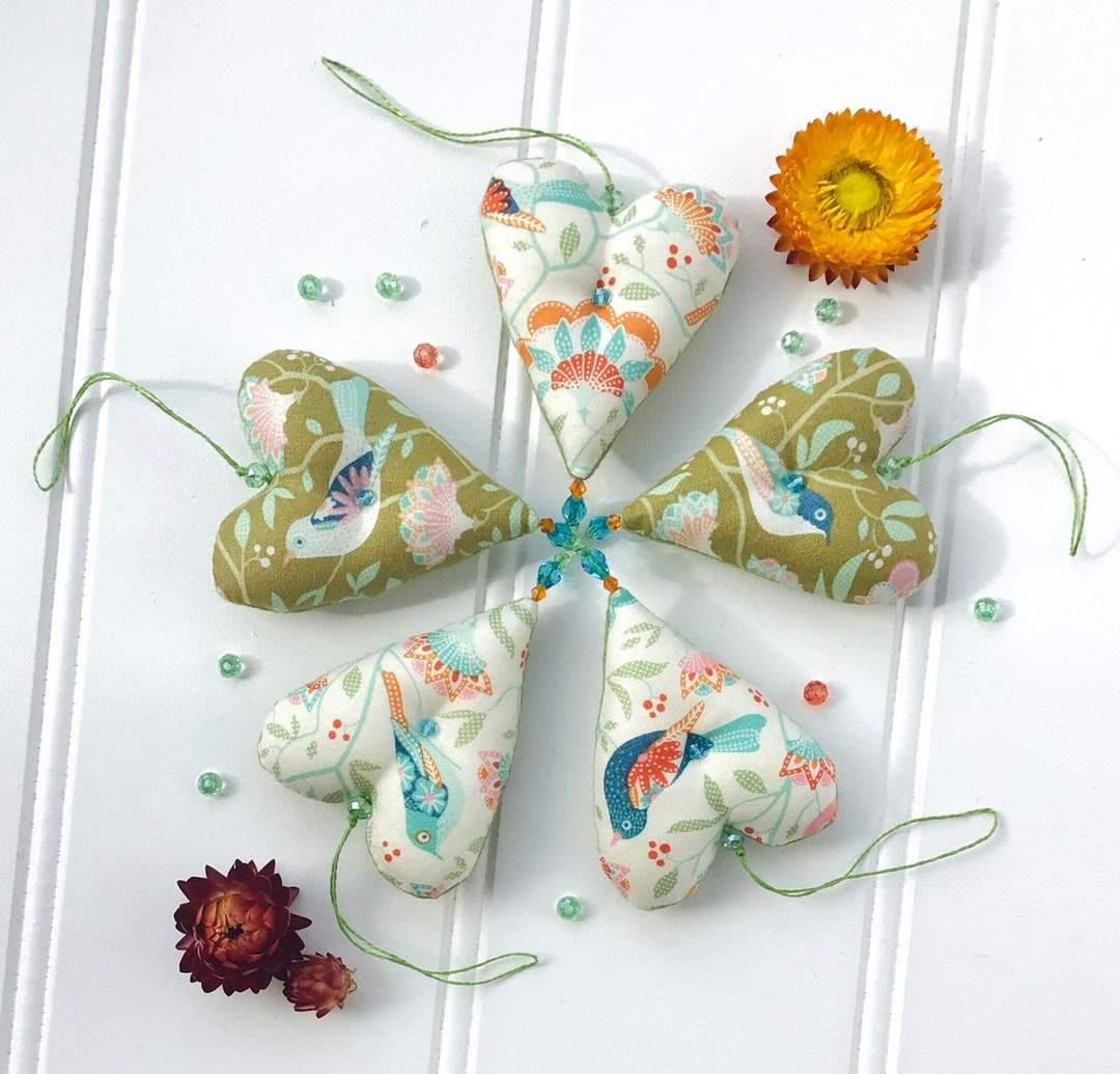 Set of 5 Fabric Heart Decorations, Handmade Tilda Fabric Hearts, Spring