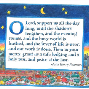 Puede incluir: Ilustración colorida con un borde de cielo nocturno, que presenta una cita de John Henry Newman. La obra de arte representa un paisaje urbano con tráfico y un avión, e incluye una luna, estrellas y un ángel.