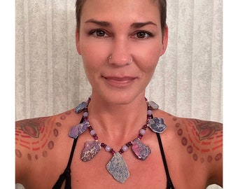 Purple Jasper Statement Necklace: Amethyst & Wood Beaded Jewelry
