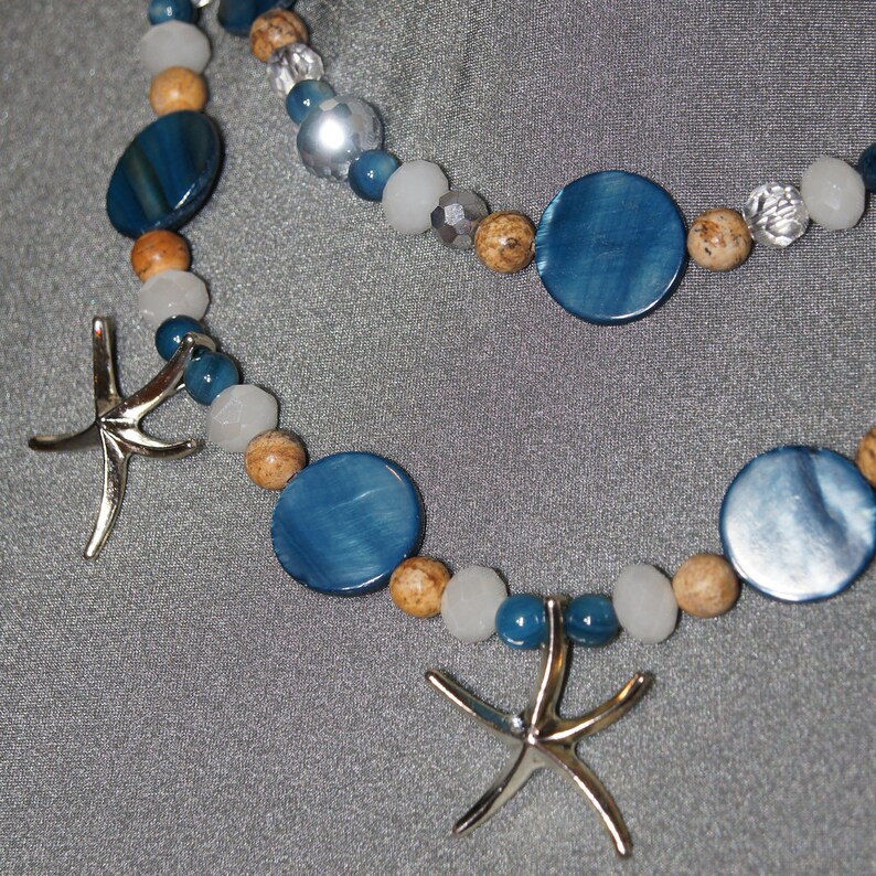 Statement Necklace Beaded Necklace Beaded Jewelry Star Fish Necklace Gemstone Necklace Blue Mother of Pearl Necklace Festival Necklace