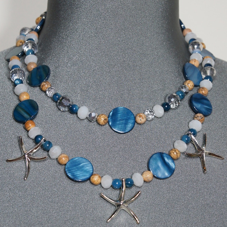 Statement Necklace Beaded Necklace Beaded Jewelry Star Fish Necklace Gemstone Necklace Blue Mother of Pearl Necklace Festival Necklace