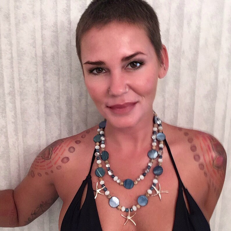Statement Necklace Beaded Necklace Beaded Jewelry Star Fish Necklace Gemstone Necklace Blue Mother of Pearl Necklace Festival Necklace