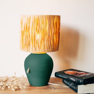 Nightlight, Green Bohemian Ceramic Table Lamp, Handmade Natural Fiber Lamp Shade, White Boho Living Room Lamp, Nordic Lamp image 1