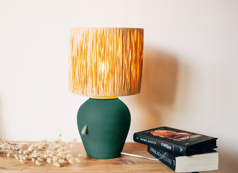 Nightlight, Green Bohemian Ceramic Table Lamp, Handmade Natural Fiber Lamp Shade, White Boho Living Room Lamp, Nordic Lamp image 1