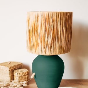 Nightlight, Green Bohemian Ceramic Table Lamp, Handmade Natural Fiber Lamp Shade, White Boho Living Room Lamp, Nordic Lamp image 2