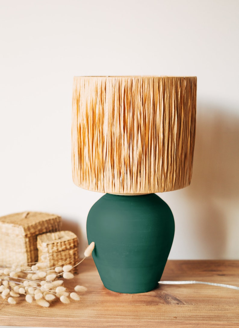 Nightlight, Green Bohemian Ceramic Table Lamp, Handmade Natural Fiber Lamp Shade, White Boho Living Room Lamp, Nordic Lamp image 2
