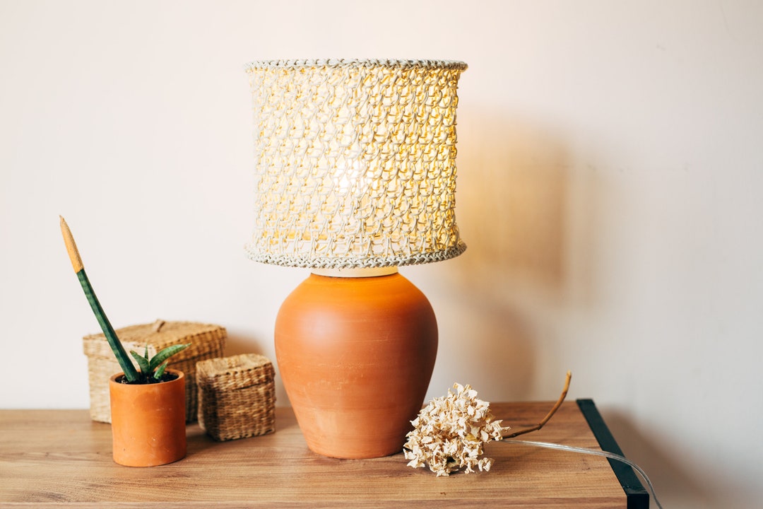 Bedside Lamp, Terracotta Ceramic Living Room Lamp, Hand Woven Jute Boho