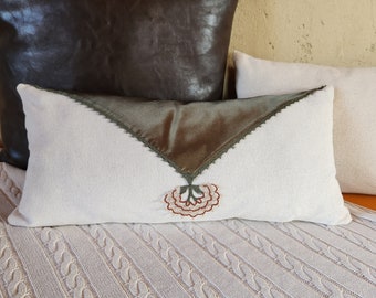 Elegant Sofa Cushion, Window Seat Cushion, Cozy Pillow Case, Cushion with Embroidered Needle Lace on Green Satin Fabric, Throw Pillow