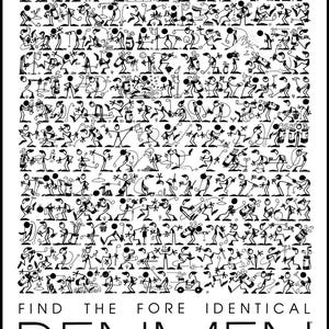 May include: Black and white illustration featuring numerous stick figures engaged in various golf activities. The text "FIND THE FORE IDENTICAL PENMEN" is displayed at the bottom of the image, inviting viewers to find the matching figures.