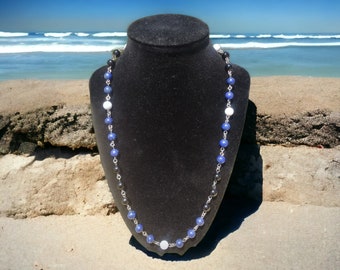 Unique handmade chain style necklace with Lapis Blue Lace Agate and Black Obsidian gemstone beads