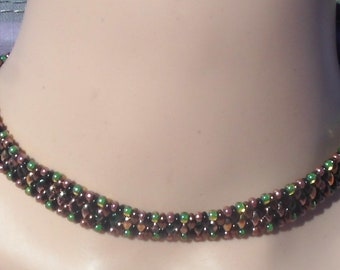 Earth toned brown and green adjustable beaded choker necklace