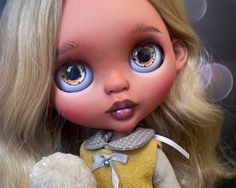 Custom Blythe doll with blond hair, afro face sculpting Blythe TBL OOAK author's doll, gift for Blythe collector