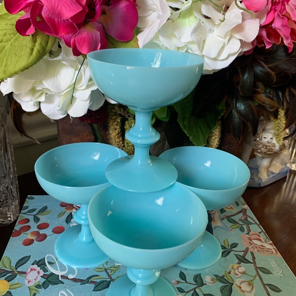 Vintage 1930’s French Portieux Vallerysthal Set of 4 Blue Opaline Coup Champagne/Sherbet Glasses