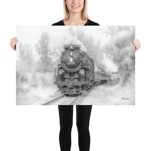 May include: A black and white illustration of a steam locomotive train engine pulling a train through a snowy landscape. The engine is labeled "268" and "268". The train is moving through a snowy forest.