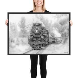 May include: A black and white photograph of a steam locomotive train engine pulling a train through a snowy landscape. The engine is labeled "269" and "269".