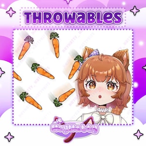 Może przedstawiać: Cyfrowa grafika z postacią w stylu anime z brązowymi włosami i lisimi uszami, otoczona pomarańczowymi marchewkami z zielonymi liśćmi. Tekst "THROWABLES" znajduje się na górze, a logo "HeyHatty" na dole.