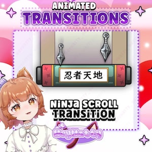 May include: Animated transition effect featuring a cartoon ninja scroll with the text "忍者天地" (Ninja Heaven and Earth) in Japanese. The scroll is decorated with two throwing stars and a pink and purple background.