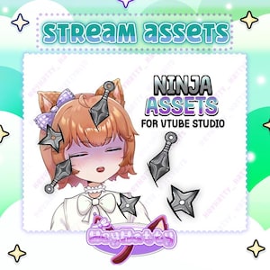 May include: A cartoon illustration of a girl with orange hair wearing a white shirt and a bow tie. She is surrounded by five throwing stars. The text "NINJA ASSETS FOR VTUBE STUDIO" is written in purple and blue text on a white background.