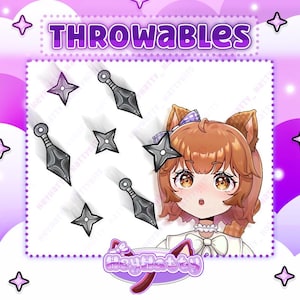 May include: A cartoon illustration of a girl with brown hair and a white dress, surrounded by black throwing stars. The text "THROWABLES" is at the top of the image.