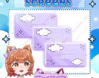 May include: Three animated purple screens with white clouds and stars. The screens have text that reads "Stream Starting", "Be Kind & Chill", and "Stream Ending".