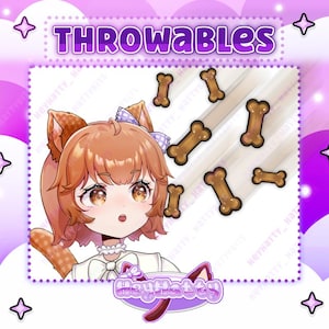 May include: A cartoon illustration of a brown-haired girl with cat ears wearing a white dress and a purple bow. The image has the text "Throwables" at the top and "HeyHatty" at the bottom. The background is a light purple with white stars.