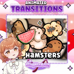 May include: Animated transitions featuring cute cartoon hamsters with different expressions and poses. The hamsters are holding a watermelon slice, a doughnut, and a nut. The text "ANIMATED TRANSITIONS" and "HAMSTERS" are displayed in a purple and pink banner. The text "HeyHatty" is displayed in a purple circle with a cat ear design.