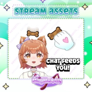 May include: Digital stream assets featuring a cartoon character with dog ears, a bone, and a hand with a heart. The text "STREAM ASSETS" and "CHAT FEEDS YOU!" are displayed. The logo "HeyHatty" is also present.