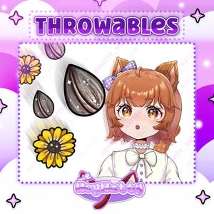 May include: A digital illustration of a cartoon character with brown hair and a white shirt. The character is wearing a bow tie and has a surprised expression. The image also includes several sunflower and seed illustrations. The text "THROWABLES" is at the top of the image.