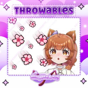Puede incluir: Ilustración digital de un personaje de estilo anime con cabello castaño y orejas de gato, rodeado de flores de cerezo rosas. El texto "THROWABLES" está en la parte superior y el logotipo "HeyHatty" en la parte inferior.