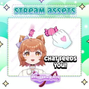 Puede incluir: Activos de transmisión digital con un personaje de dibujos animados con orejas de gato, una mano con un corazón y caramelos. También se incluye el texto "STREAM ASSETS" y "CHAT FEEDS YOU!". El logotipo de HeyHatty está en la parte inferior.