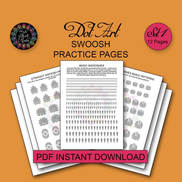 Swoosh Dot Art Practice Pages - 12 Pages - PDF Instant Digital Download - Printable Dot Painting Practice Sheets - Swish Practice - Swoops