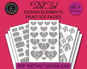 May include: A set of 36 printable dot art design element practice pages. The pages feature a variety of designs, including hearts, flowers, and geometric shapes. The pages are perfect for practicing dot art techniques and creating your own unique designs.