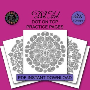 Könnte beinhalten: Set mit 5 druckbaren Dot-Art-Mandala-Designs. Die Designs sind schwarzweiß und weisen komplizierte Muster auf. Der Text "Dot Art" und "Dot on Top Practice Pages" befindet sich oben im Bild. Der Text "Set 6" und "5 Designs" befindet sich in einem Kreis oben rechts im Bild. Der Text "PDF Instant Download" befindet sich unten im Bild.