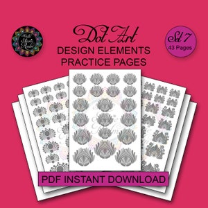 May include: A set of 43 printable dot art design element practice pages. The pages feature a variety of intricate patterns and designs, perfect for practising dot art techniques.
