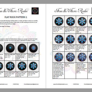 May include: A step-by-step guide for painting a mandala design on a flat rock. The guide includes instructions for placing dots in different colors and sizes, creating a beautiful and intricate pattern. The colors used are turquoise, lavender, and clear.