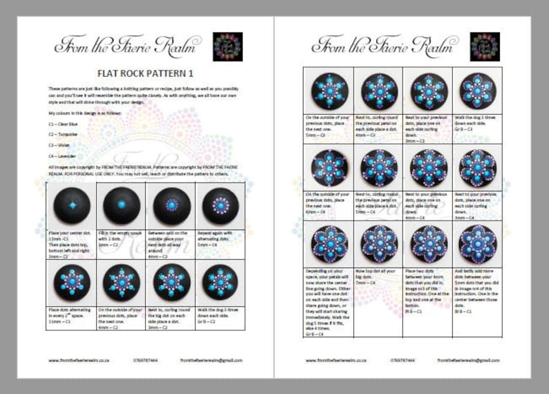 May include: A step-by-step guide for painting a mandala design on a flat rock. The guide includes instructions for placing dots in different colors and sizes, creating a beautiful and intricate pattern. The colors used are turquoise, lavender, and clear.