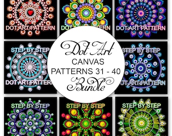 May include: A set of 10 dot art canvas patterns, numbered 31-40. Each pattern is a colorful mandala design with a step-by-step guide for creating the artwork.